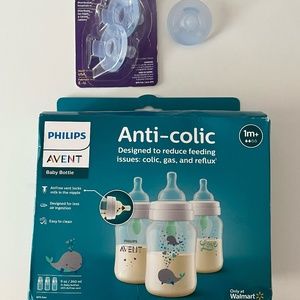 Avent Baby Bundle Bottles Anti-Colic Vent Nipple 9oz Whale 3-Pack + Pacis Bundle